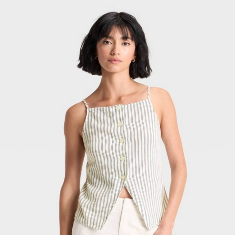 Striped Linen Button-Down Women's Top And Linen Skirt Set